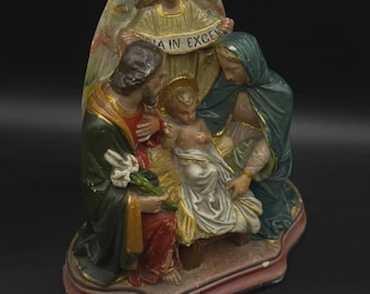 Antique Holy Family Plaster Statue Angel Gloria in Excelsis Polychrome Religious Figure