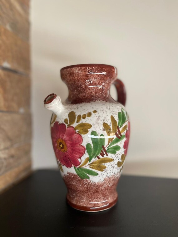 手描きの花柄陶器ピッチャー - イタリア製 - サイン入りアート陶器