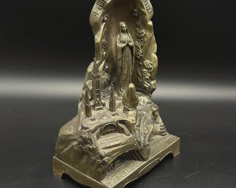 Antique French Lourdes Bronze Religious Music Box Virgin Mary Statue