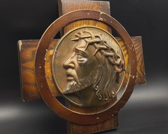 Vintage Wooden Cross Wall Plaque Relief Portrait Folk Religious Decor