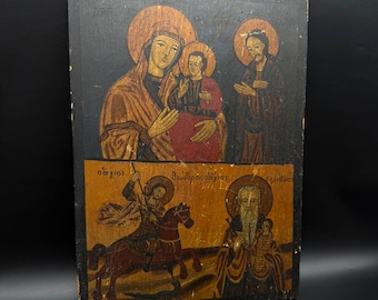 Antique Greek Orthodox Icon, Madonna & Child with Saints, Hand Painted Wood Panel, 18th–19th Century Religious Artwork