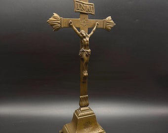 Vintage Standing Crucifix Jesus INRI Ornate bronze Altar Cross 12" Religious Decor