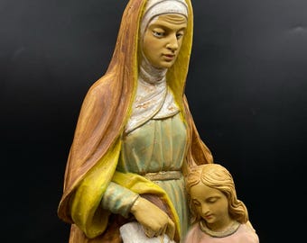 Estátua religiosa vintage de Santa Ana d'Auray pintada à mão, Itália, S/139