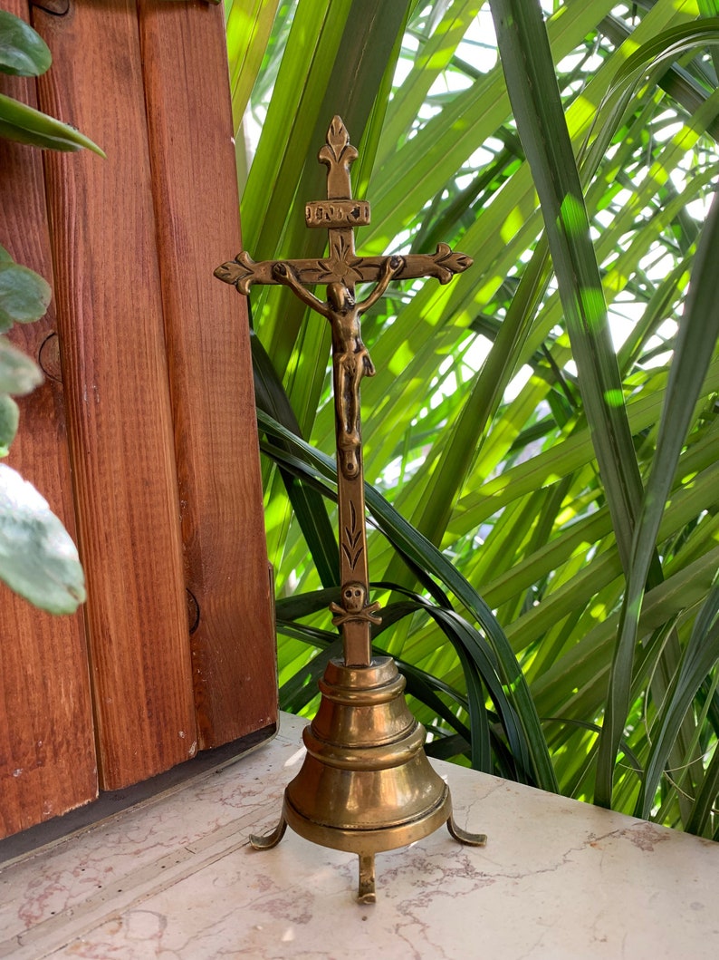 Antique Brass Altar Cross 1800s Crucifix Christian Church Standing
