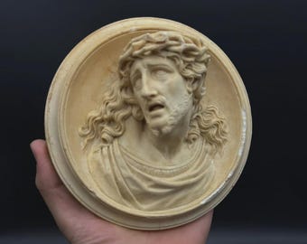 Antique Ecce Homo Jesus Christ Relief Plaque, Crown of Thorns Religious Decor