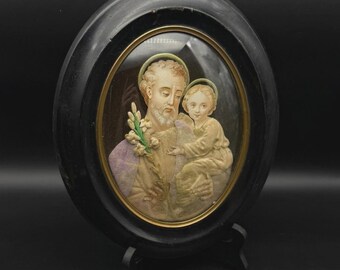 Antique French Saint Joseph Child Religious Icon Convex Glass Wall Frame c.1890s