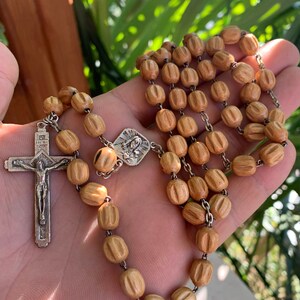 Vintage Wood Rosary ,Handmade Brown Wood Bead, Crucifix Italy silver Cross 19th †