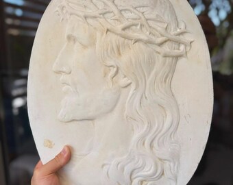 Large Vintage Jesus Christ Wall Plaque Relief Crown of Thorns Christian Decor 48cm