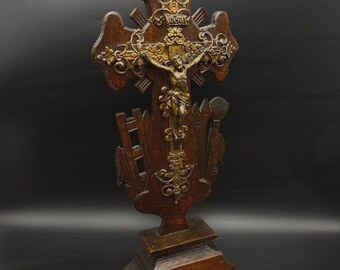 Antique Style Wood & Metal Crucifix Jesus Christ Large Standing Altar Cross Religious Decor