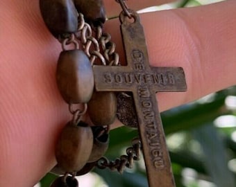 Antique French Rosary – Carved Wood & Sterling, 1800s Souvenir
