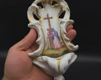 Antique Porcelain Holy Water Font Hand Painted Crucifix Catholic Wall Hanging