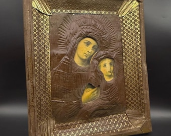 Madonna & Child Religious Icon Metal Relief on Wood Panel 35x29cm Christian Wall Art