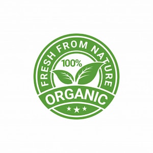 Peut inclure: &Eacute;tiquette circulaire verte avec le texte "Fresh From Nature 100% Organic" et deux feuilles vertes.
