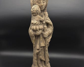Antique Madonna and Child Statue Religious Sculpture Rustic Stone Figure