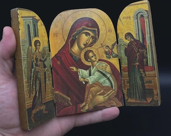 Vintage Hand-Carved Wood Triptych Icon – Mary & Child – Orthodox Folding Shrine
