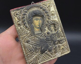 Orthodox Madonna & Child Icon Plaque Greek Religious Metal Relief Wall Decor