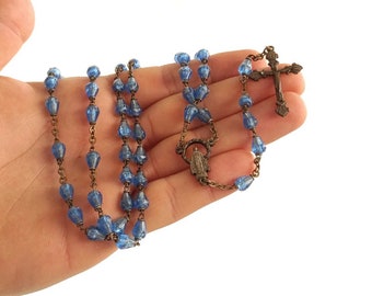 Antique Rosary Blue Plastic Beads And Mother Of Pearl Cross Rosary 1900s