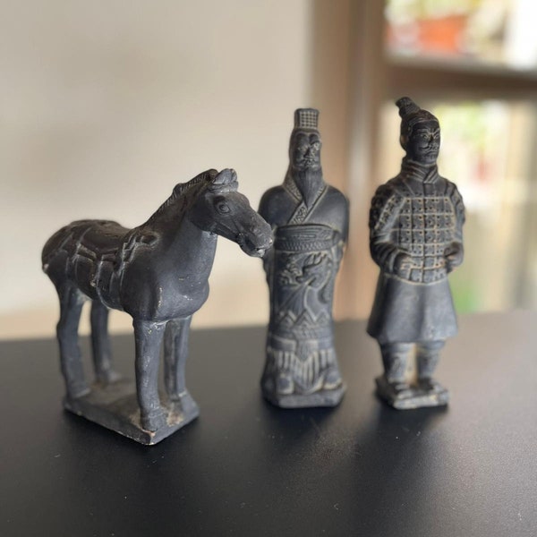 3 statues de guerriers en terre cuite vintage armée chinoise et figurines de chevaux Qin 20e