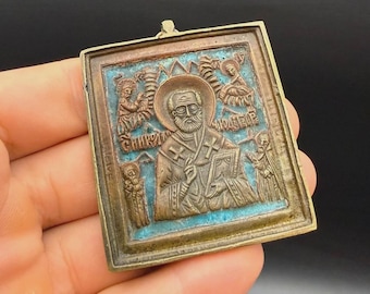 Antique Bronze Enamel Orthodox St Nicholas Icon Religious Pendant Plaque