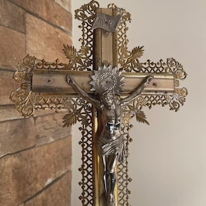 Large 19th Century French Crucifix – Christ on Ornate Wood Cross – Church Altar Religious Art