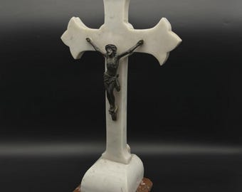 Vintage Marble Crucifix Cross with Bronze Corpus Religious Decor 11"