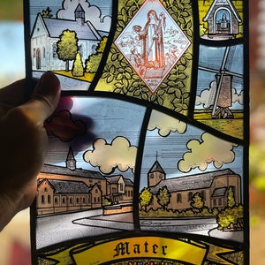 Stained glass Christianity colorful Vintage French religious window panel 1985