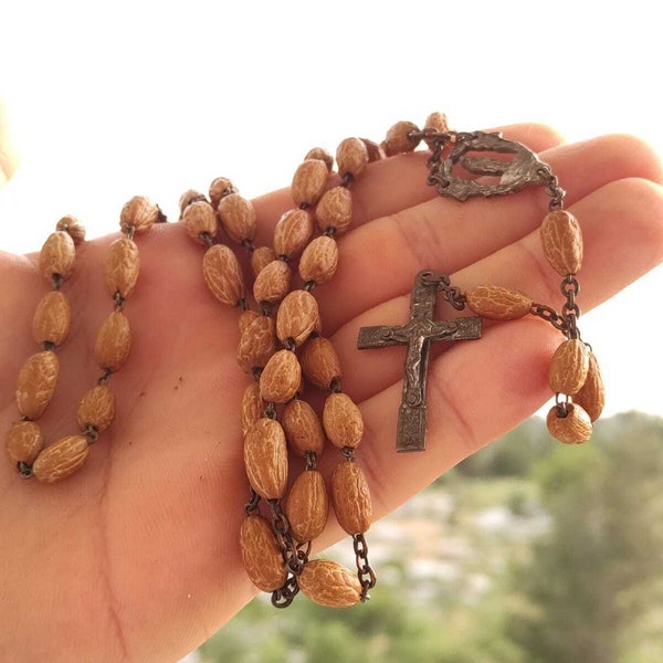 Antique Rosary Relic Madonna Earth Of Roma Bones Olive National Beads 1890s