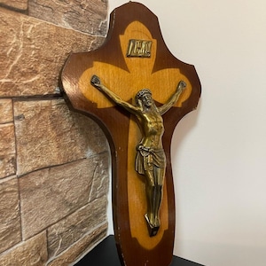 French crucifix Wood Brass Cross Antique French Religious Jesus Christ Church
