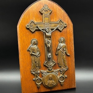 Wood Copper Antique French wall crucifix calvary alpha omega Engraved 1930s
