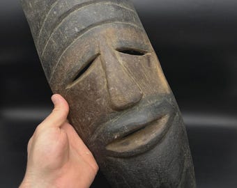 Vintage Hand Carved Wooden Wall Mask Rustic Folk Art Decorative Wall Hanging