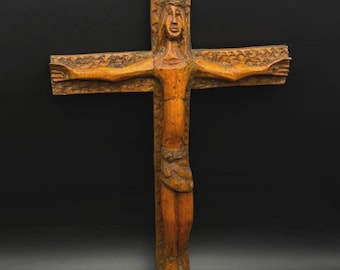 Antique Hand Carved Wood Crucifix Jesus Christ Folk Art Cross 14" Religious Decor