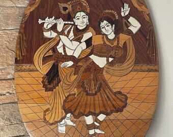 Handgemachte Krishna Radha Holz Wandkunst - Indische Folklore Hinduismus Dekoration