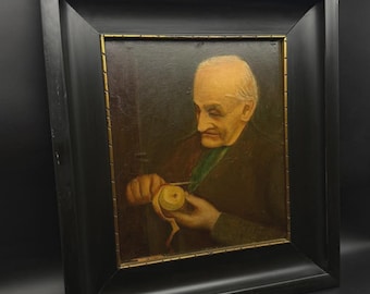 Antique Oil Painting of an Elderly Man Peeling an Apple, Signed Framed Portrait, Traditional Wall