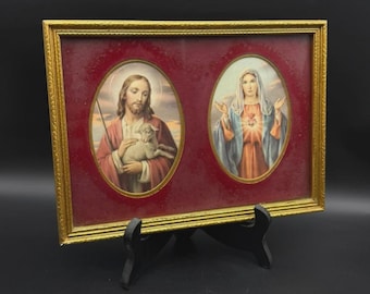 Vintage Jesus Good Shepherd & Immaculate Heart Mary Framed Catholic Picture