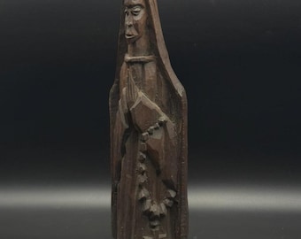 Antique Hand Carved Wooden Madonna Statue Folk Art Prayer Figure 11” Rustic