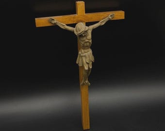 Vintage Wall Crucifix Wooden Cross Religious Decor Mid Century