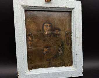 Antique 19th Century Orthodox Icon Virgin Mary Child Under Glass Folk Religious Art