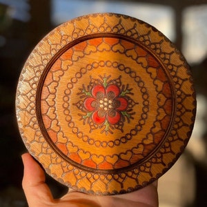 Vintage Plate Wood Wall Hanging Polish 18th Century 7.4&quot; Round Handmade