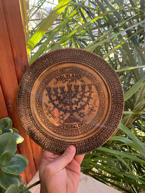 Antique Holy Land Jerusalem Copper Tray Handmade Jewish Brass