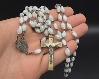 Vintage Lourdes France Rosary White Beads Religious Cross Necklace Catholic Prayer Beads