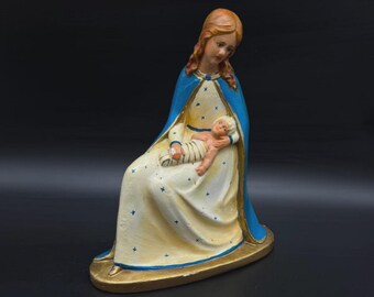 Antique Madonna & Child Jesus Plaster Statue Hand Painted Catholic Religious Figure 8"