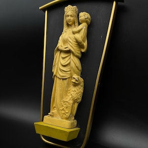 Vintage italienische Jungfrau Maria und Kind Wandtafel Mitte des Jahrhunderts religiöse Kunst katholische Wandbehang Wappen Madonna Ikone