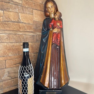 Duża kaplica Dziewica Maryja Madonna Dzieciątko Gipsowa Statua Polichromowana Podpisana
