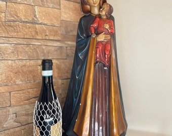 Large Chapel Virgin Mary Madonna Child Plaster Statue Polychrome Signed
