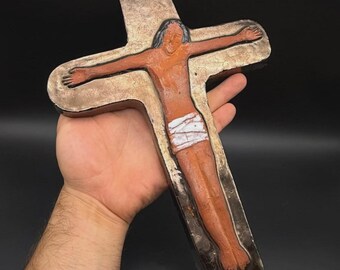 Vintage Ceramic Jesus Crucifix Modernist Wall Cross Religious Christian Decor