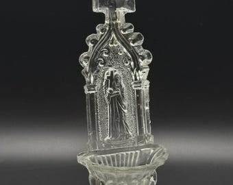 Vintage Glass Holy Water Font Christian Religious Wall Shrine Cross Devotional Decor