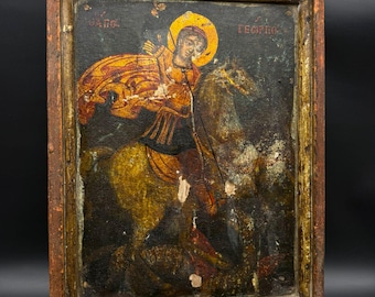 Antique Greek Orthodox Icon, Hand Painted Wood Panel, Mounted Warrior Saint (17th–18th Century)