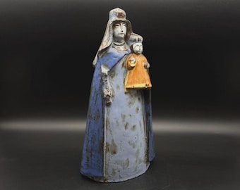 Vintage Ceramic Madonna & Child Figurine Blue Glazed Religious Decor 10”