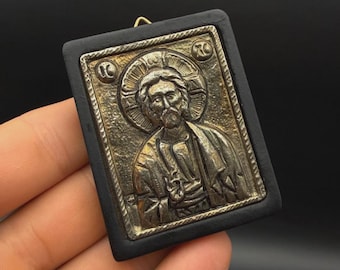 Vintage Orthodox Christ Pantocrator Icon Silver Tone Religious Wall Plaque Christian Decor