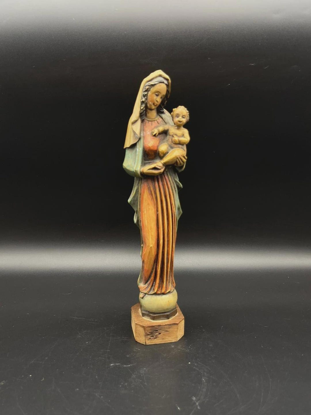 Antique Madonna & Child Statue - Hand Painted Wooden Base - French ...
